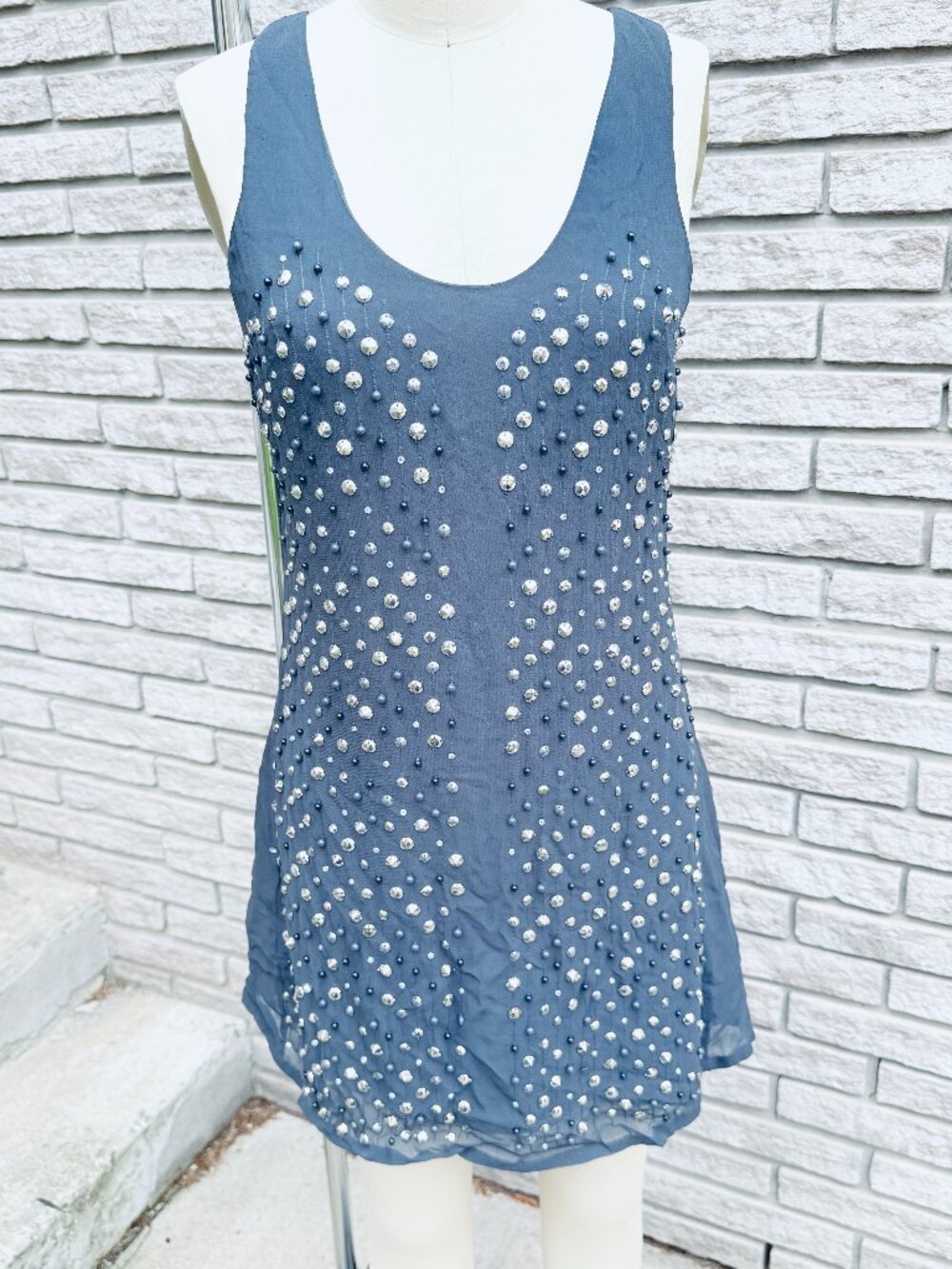 French Connection Studded Beaded Mini Dress Dark Grey Size 2